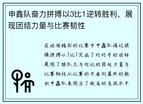 申鑫队奋力拼搏以3比1逆转胜利，展现团结力量与比赛韧性